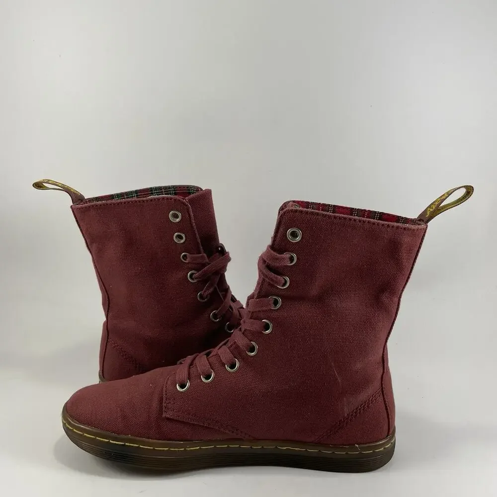 Dr Martens Docs Stratford Canvas Fold Over Boots Womens Size 6 Red Tartan Inlay